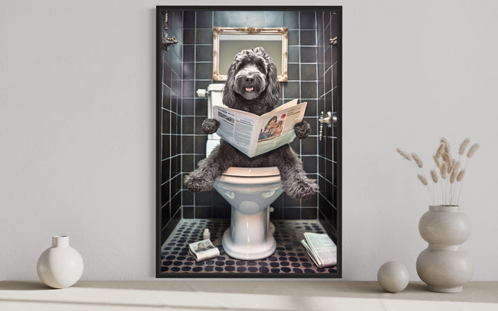 Black Goldendoodle Dog On The Toilet Reading Newspaper Picture