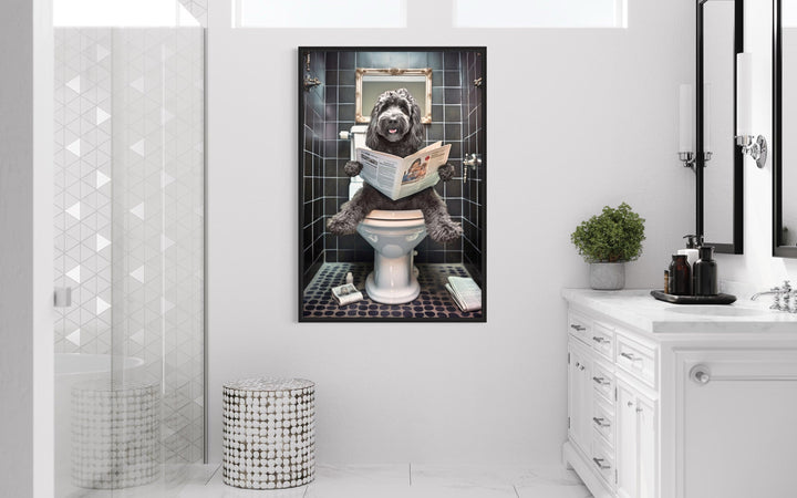 Black Goldendoodle Dog On The Toilet Reading Newspaper Picture