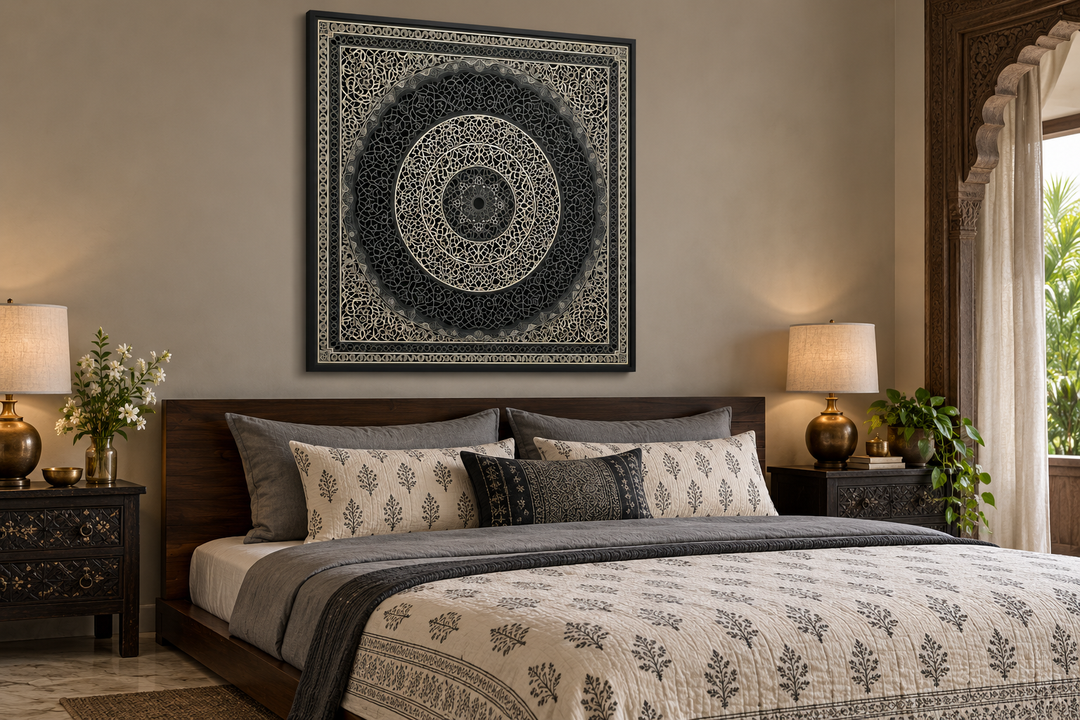 Indian Mandala Boho Black Grey  Framed Canvas Wall Art