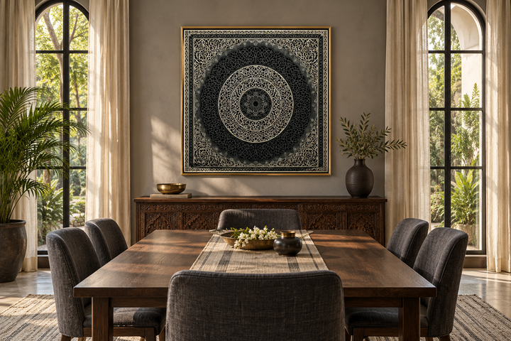 Indian Mandala Boho Black Grey  Framed Canvas Wall Art