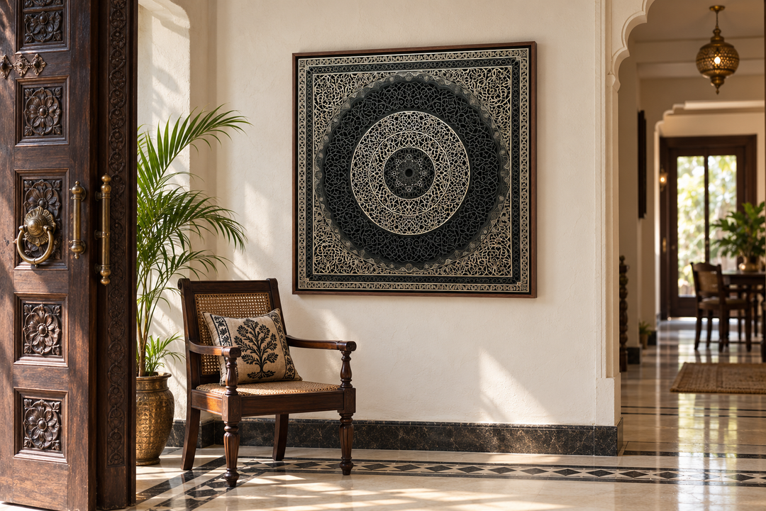 Indian Mandala Boho Black Grey  Framed Canvas Wall Art