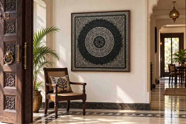 Indian Mandala Boho Black Grey  Framed Canvas Wall Art