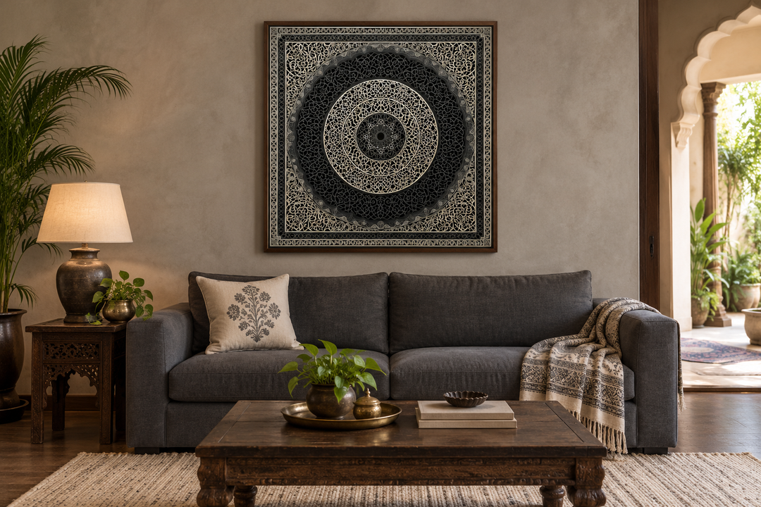 Indian Mandala Boho Black Grey  Framed Canvas Wall Art