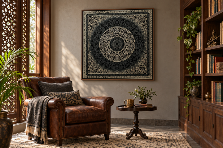 Indian Mandala Boho Black Grey  Framed Canvas Wall Art