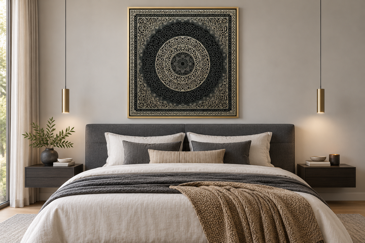 Indian Mandala Boho Black Grey  Framed Canvas Wall Art