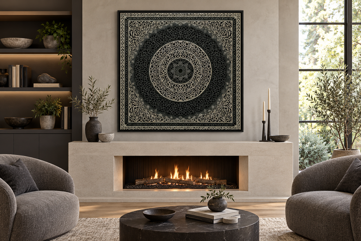 Indian Mandala Boho Black Grey  Framed Canvas Wall Art