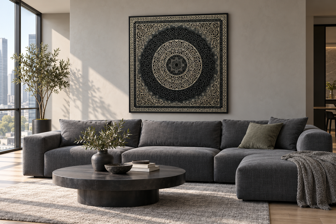 Indian Mandala Boho Black Grey  Framed Canvas Wall Art