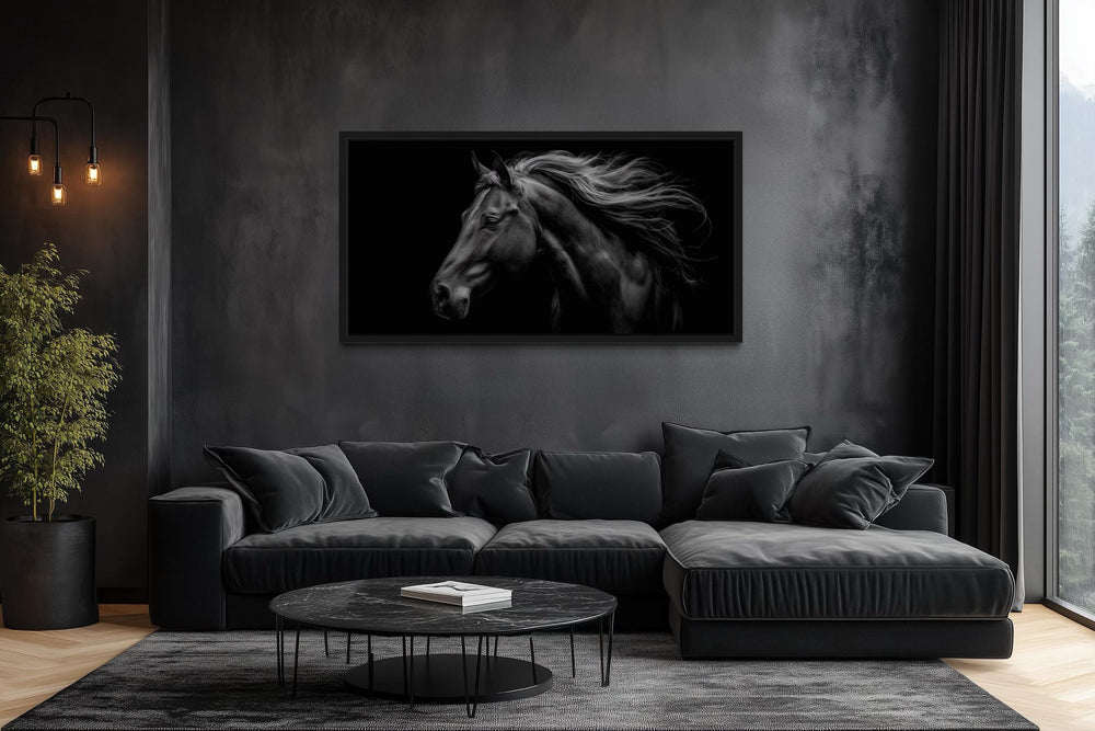 Extra large framed canvas wall art of a black horse with a flowing mane in a dark modern room.