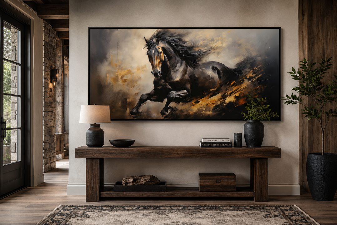 Extra large framed canvas wall art of a black horse galloping in a dynamic, painterly style.