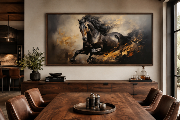 Extra large framed canvas wall art of a black horse galloping in a modern dining room setting.
