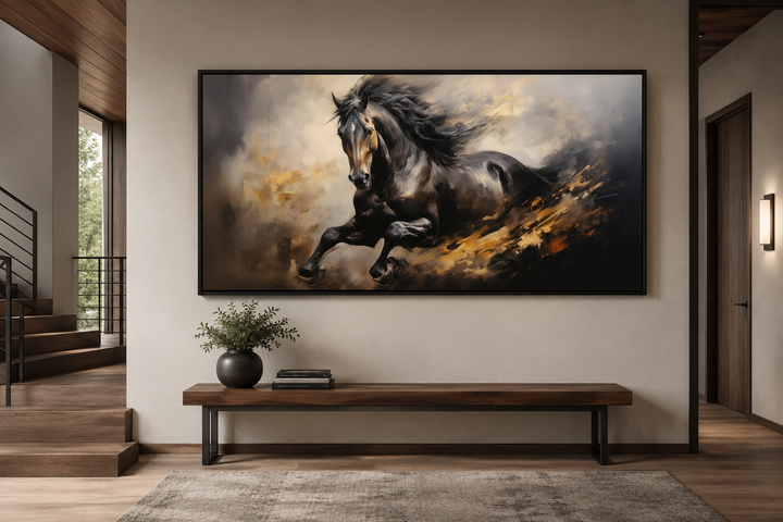 Extra large framed canvas wall art of a powerful black horse galloping in a dynamic, painterly style.