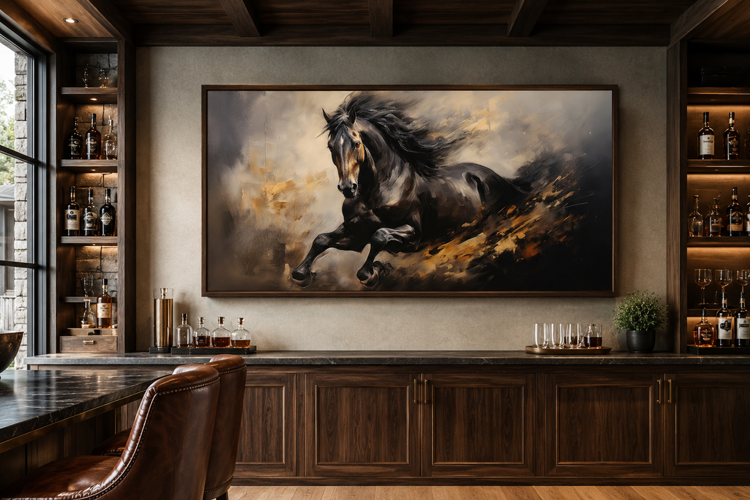 Extra large framed canvas wall art of a black horse galloping in a rustic home bar setting.