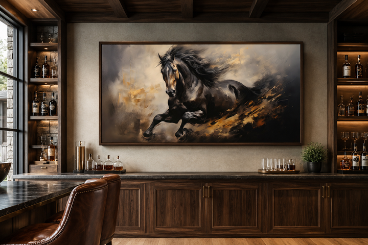 Extra large framed canvas wall art of a black horse galloping in a rustic home bar setting.