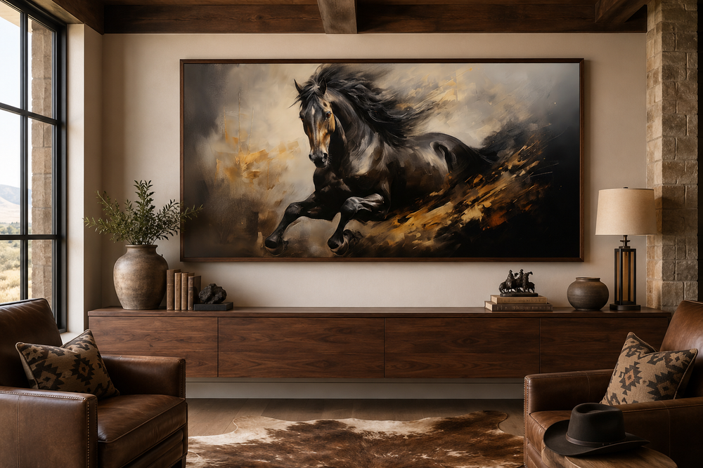 Extra large framed canvas wall art of a black horse galloping in a rustic living room setting.