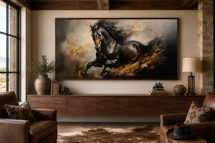 Extra large framed canvas wall art of a black horse galloping in a rustic living room setting.