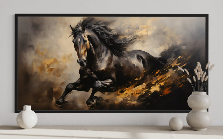 Extra large framed canvas wall art featuring a powerful black horse galloping in an abstract style.