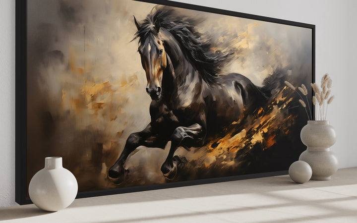 Extra large framed canvas wall art featuring a black horse galloping in a dynamic, painterly style.