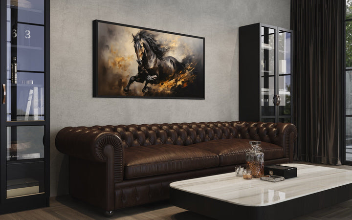 Black Horse Galloping Extra Large Framed Canvas Wall Art in man cave