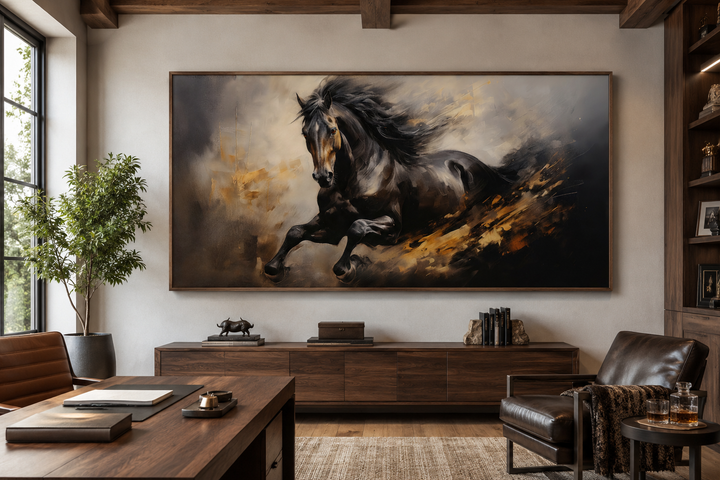 Extra large framed canvas wall art of a black horse galloping in a modern office setting.