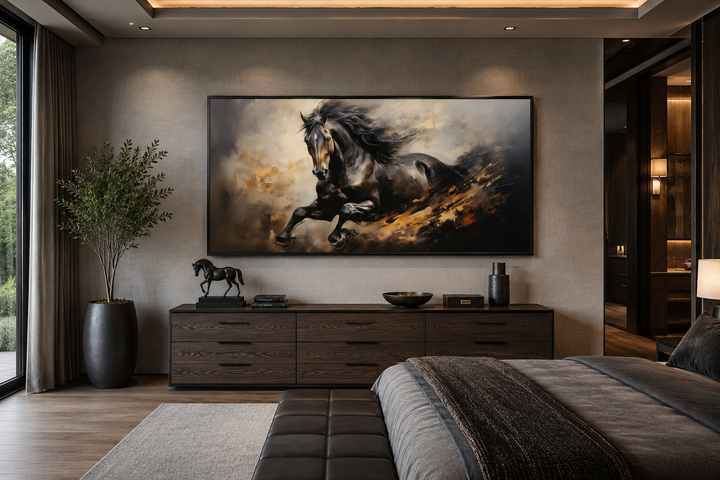 Extra large framed canvas wall art of a black horse galloping in a modern bedroom setting.