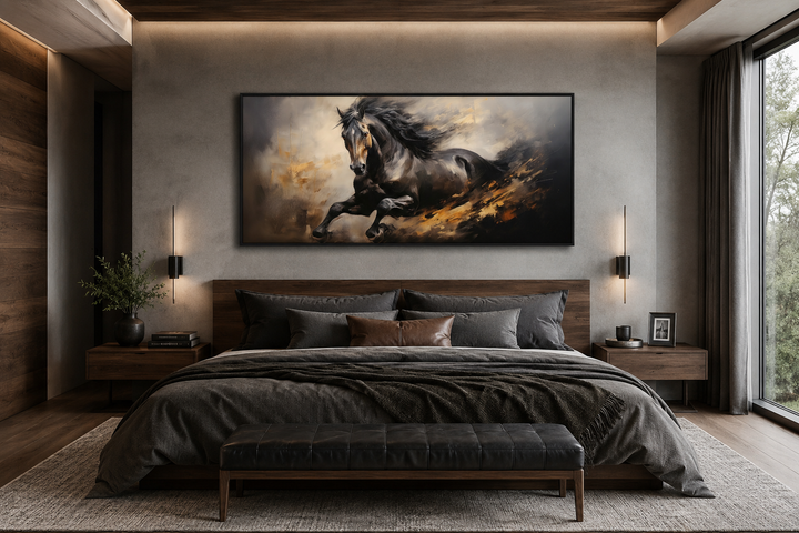 Extra large framed canvas wall art of a black horse galloping in a modern bedroom setting.