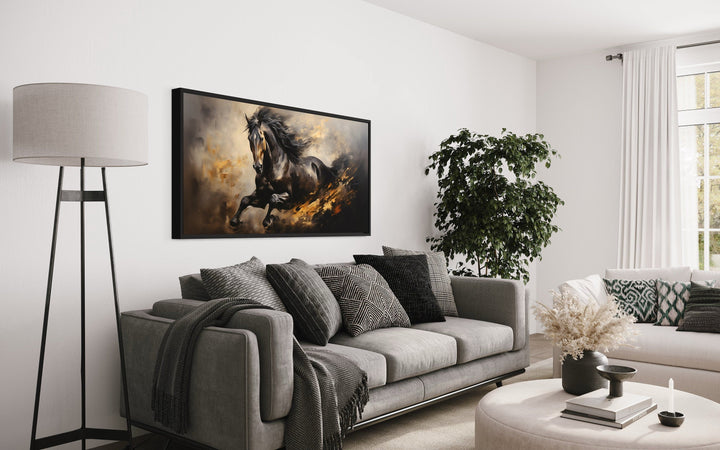 Black Horse Galloping Extra Large Framed Canvas Wall Art above grey couch