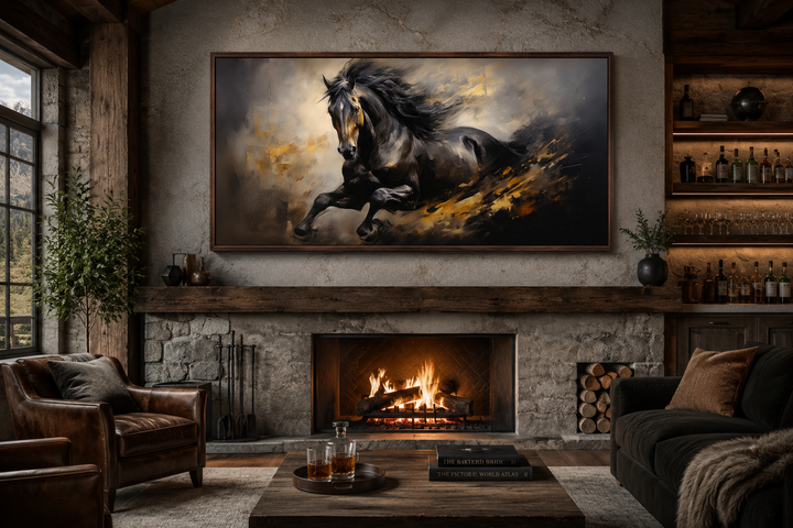Extra large framed canvas wall art of a black horse galloping, hung above a rustic fireplace.