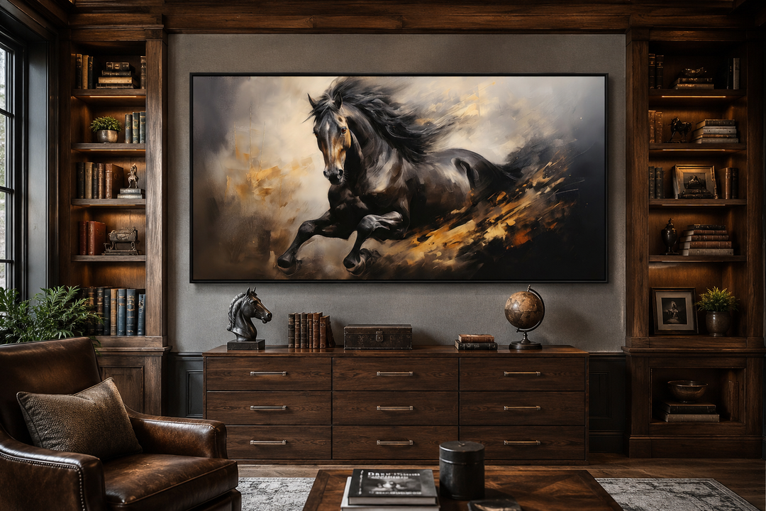 Extra large framed canvas wall art of a powerful black horse galloping in a home office setting.