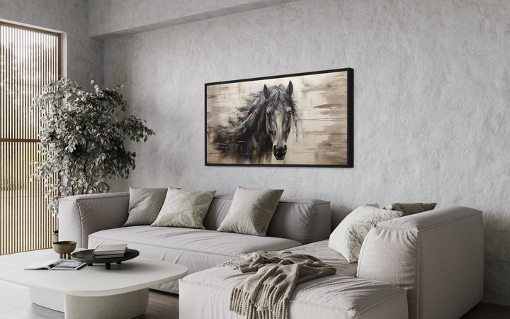 Black Horse Rustic Painting On Wood Framed Canvas Wall Art above grey couch