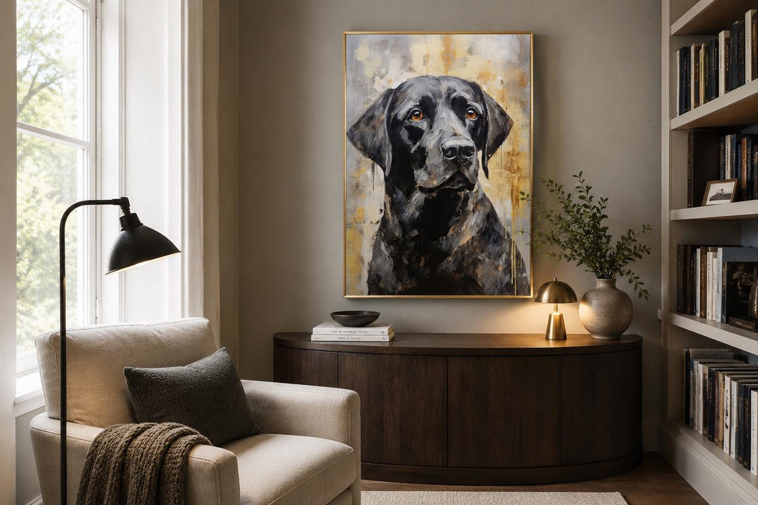 Black Lab Abstract Portrait Canvas Wall Art in a gold frame above a dark wood console table.