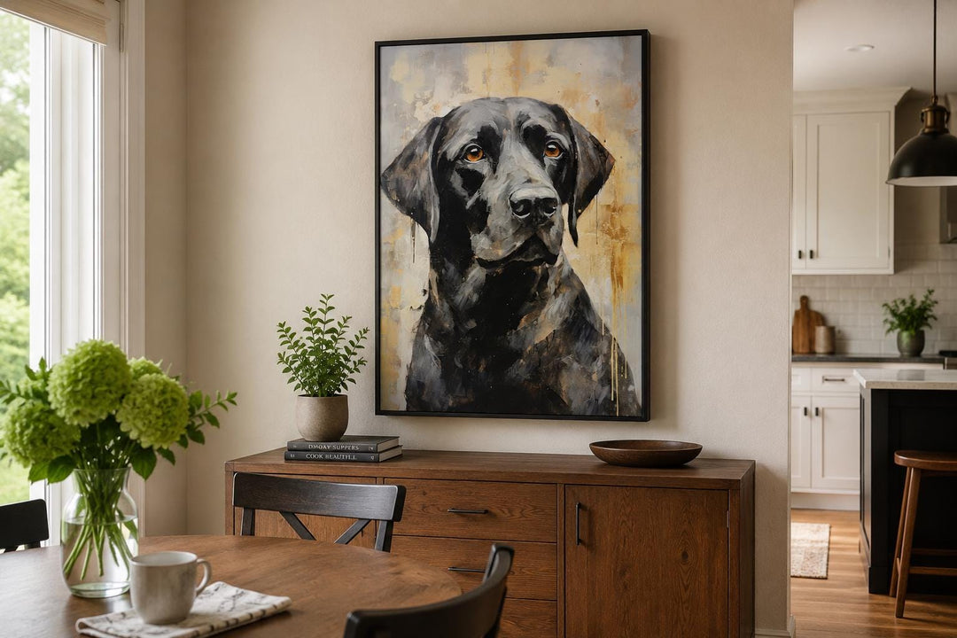 Black Lab Abstract Portrait Canvas Wall Art in a slim black frame above a wooden sideboard.
