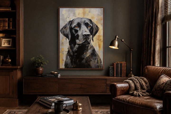 Black Lab Abstract Portrait Canvas Wall Art in a slim frame hanging in a moody, traditional room.