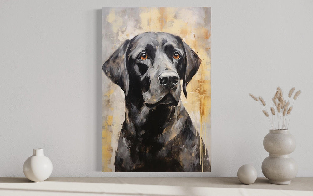 Black Lab Abstract Portrait Canvas Wall Art featuring a black labrador with amber eyes.
