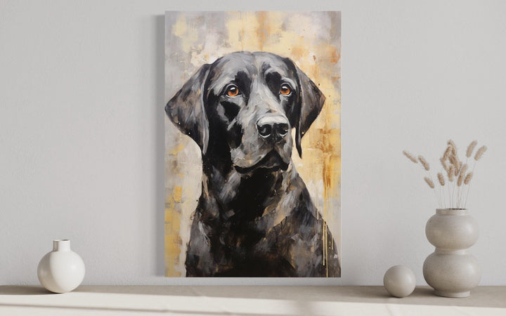 Black Lab Abstract Portrait Canvas Wall Art featuring a black labrador with amber eyes.