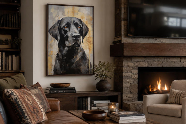 Framed Black Lab Abstract Portrait Canvas Wall Art hanging above a console in a cozy living room.