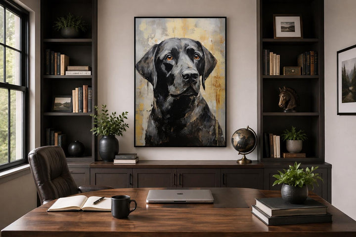 Black Lab Abstract Portrait Canvas Wall Art in a black frame hanging in a home office.