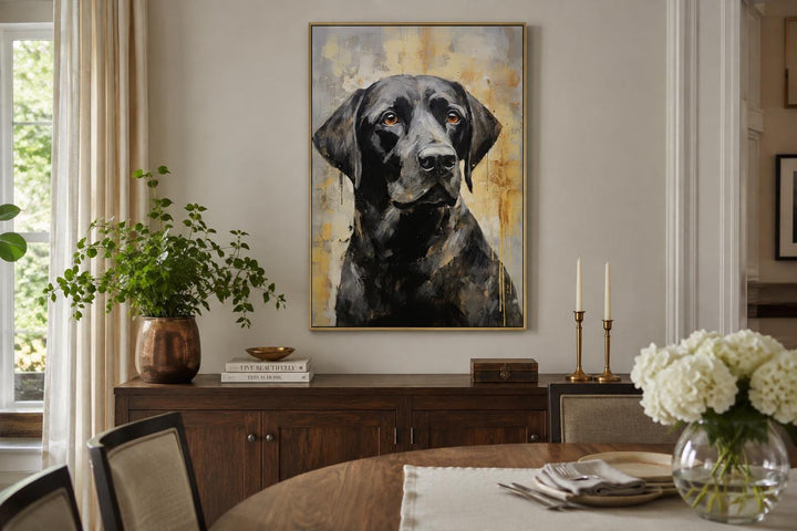 Black Lab Abstract Portrait Canvas Wall Art in a gold frame above a wooden sideboard.
