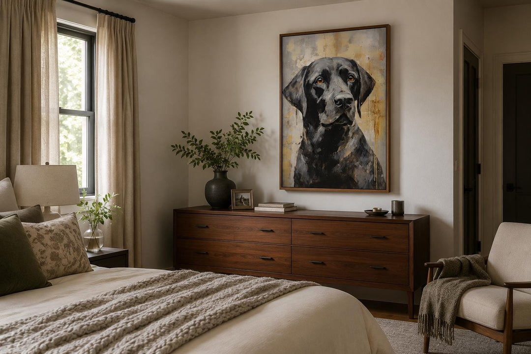 Black Lab Abstract Portrait Canvas Wall Art in a slim frame above a wooden dresser in a bedroom.
