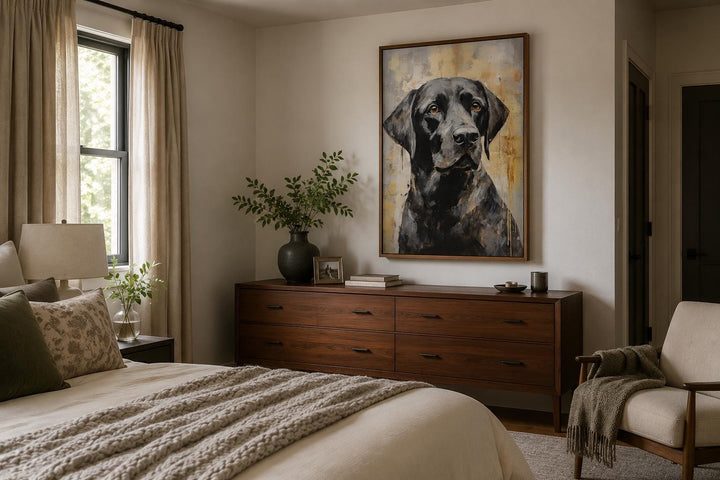 Black Lab Abstract Portrait Canvas Wall Art in a slim frame above a wooden dresser in a bedroom.