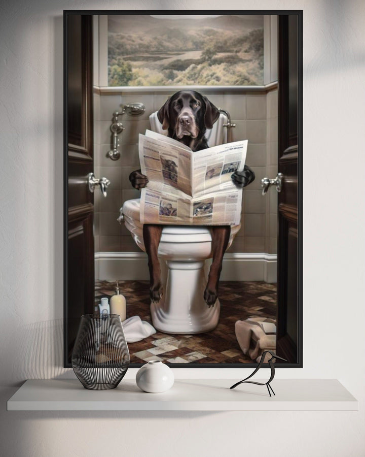 Black Labrador Retriever Dog On The Toilet Reading Newspaper Picture