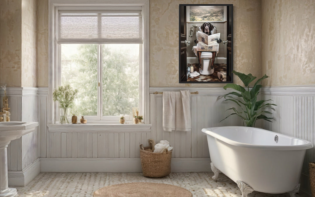 Black Labrador Retriever Dog On The Toilet Reading Newspaper Picture