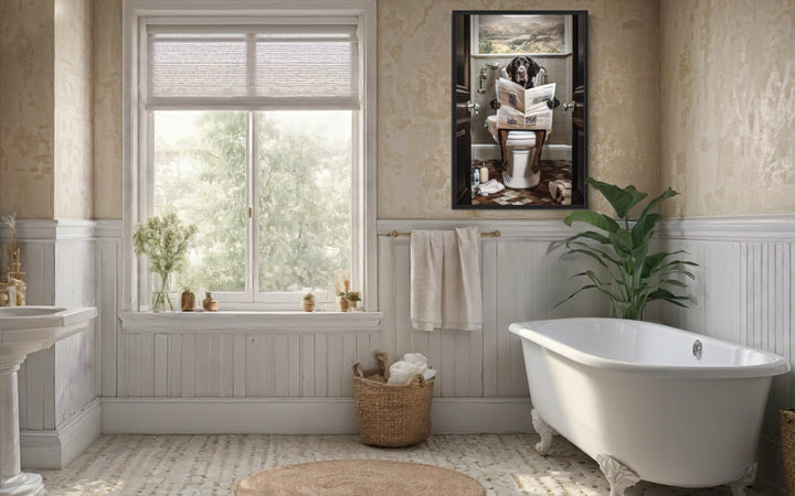Black Labrador Retriever Dog On The Toilet Reading Newspaper Picture