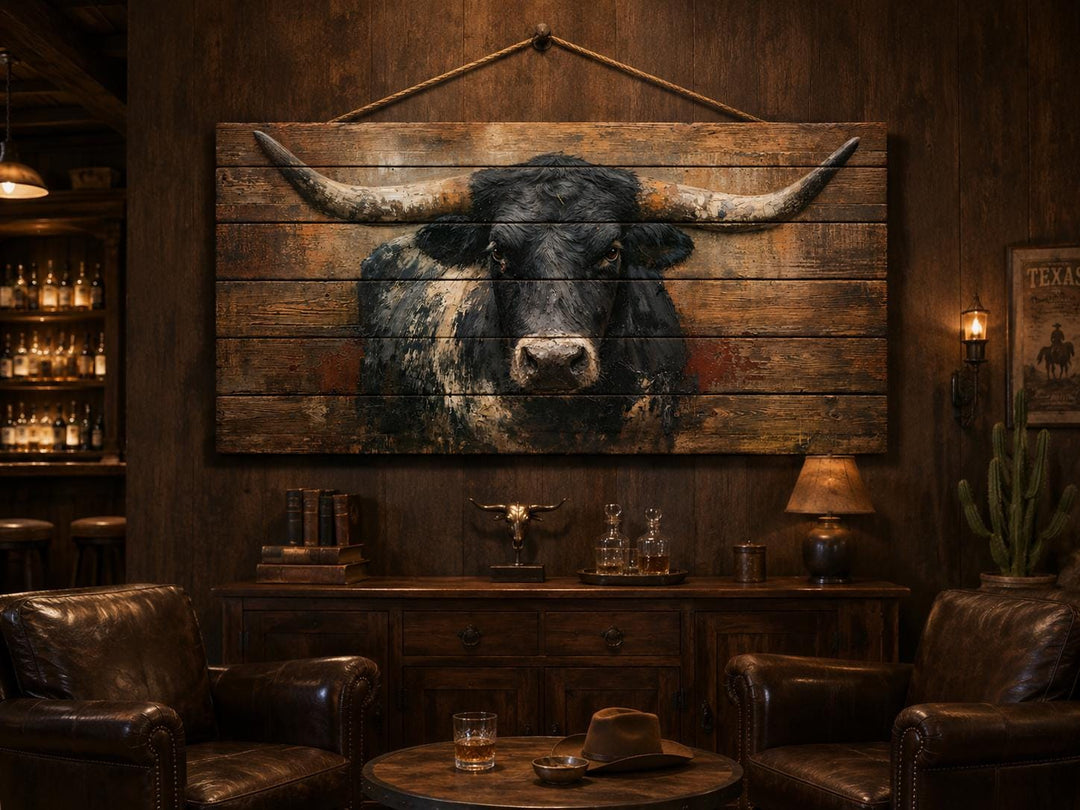 Black Longhorn Bull wood wall art in a rustic room with leather chairs and a wooden sideboard.