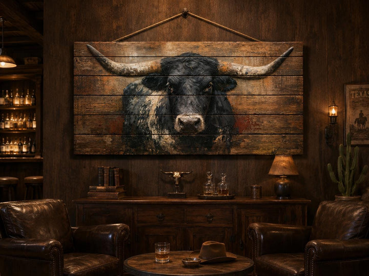 Black Longhorn Bull wood wall art in a rustic room with leather chairs and a wooden sideboard.