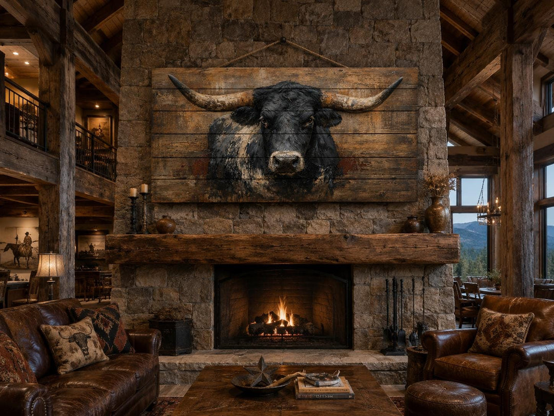 Black Longhorn Bull wood wall art hanging above a stone fireplace in a rustic farmhouse living room.
