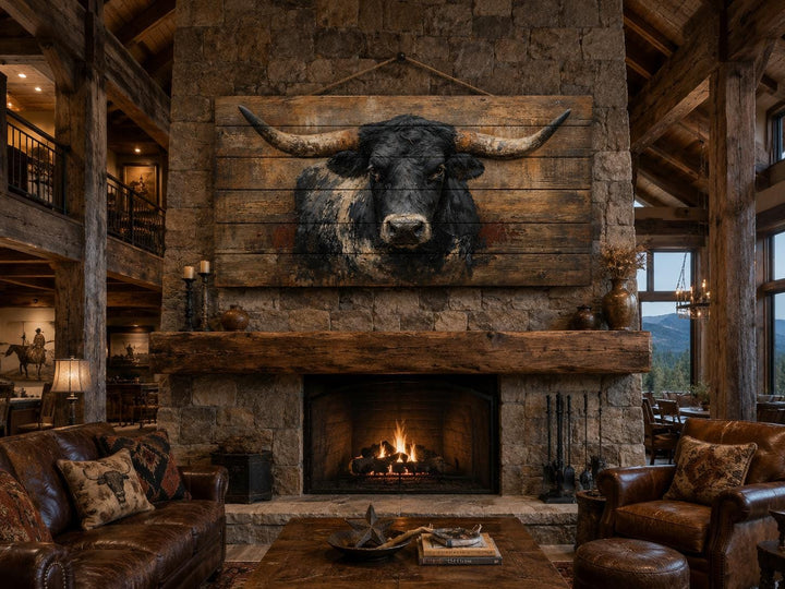 Black Longhorn Bull wood wall art hanging above a stone fireplace in a rustic farmhouse living room.