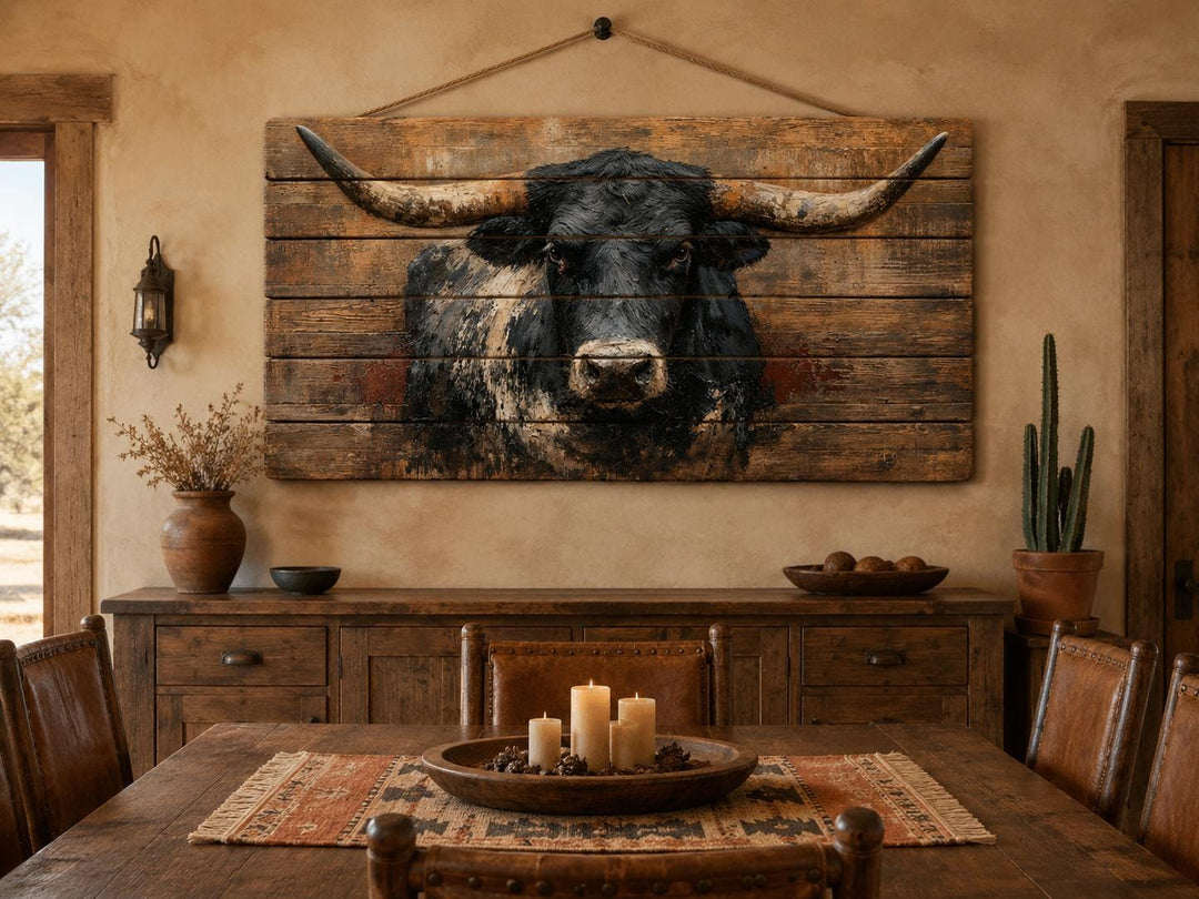 Black Longhorn Bull wood wall art on horizontal planks in a rustic farmhouse dining room.