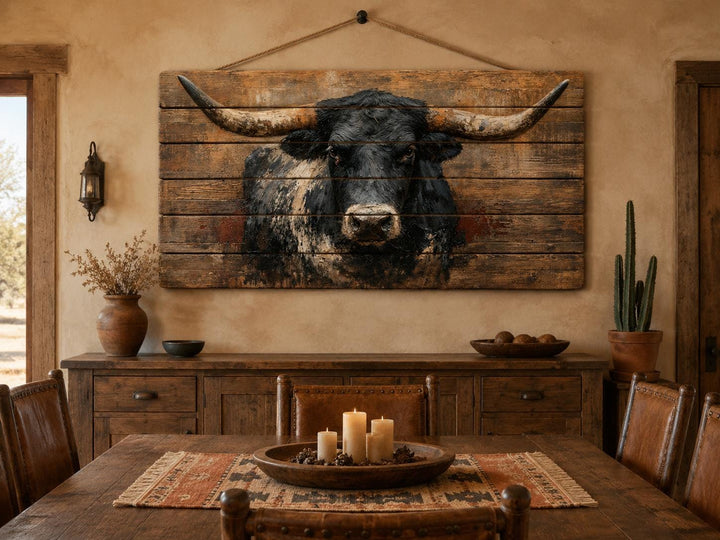 Black Longhorn Bull wood wall art on horizontal planks in a rustic farmhouse dining room.
