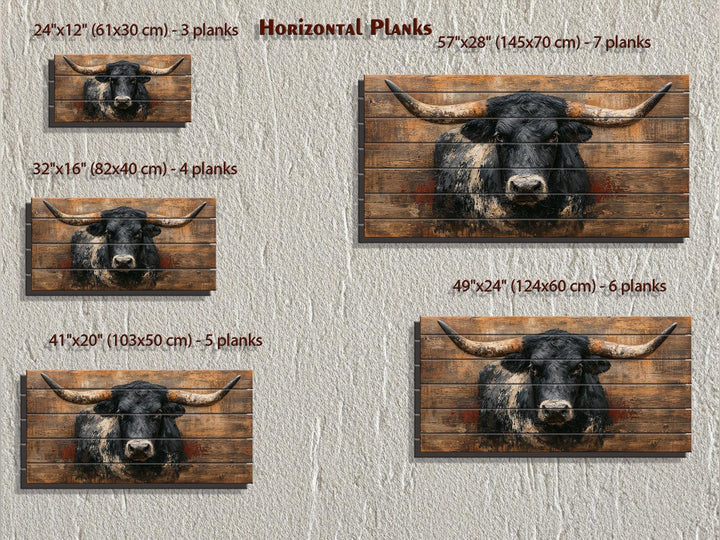 Black Longhorn Bull wood wall art in five horizontal plank sizes for rustic farmhouse decor.