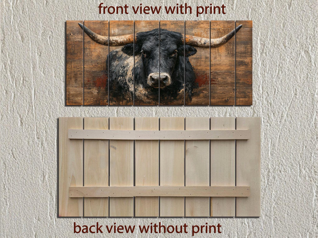 Front and back view of a black longhorn bull printed on rustic wood panels for farmhouse wall art.